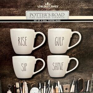 1/24  Potters road set of 4 coffee mugs rise shine gulp and sip in box